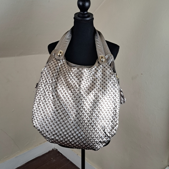Elliott Lucca Hobo Bag Metallic Gold & Silver Braided Leather Purse - Picture 4 of 14
